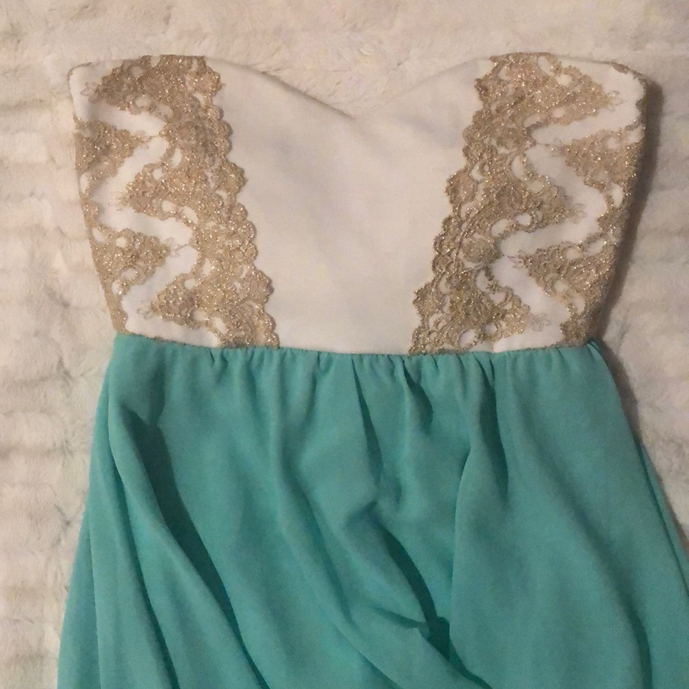 High low teal and gold party homecoming dress